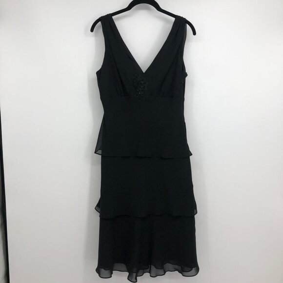Lori Ann Montreal Vintage Black sleeveless tiered midi  dress sequin broach 8 - Picture 16 of 16